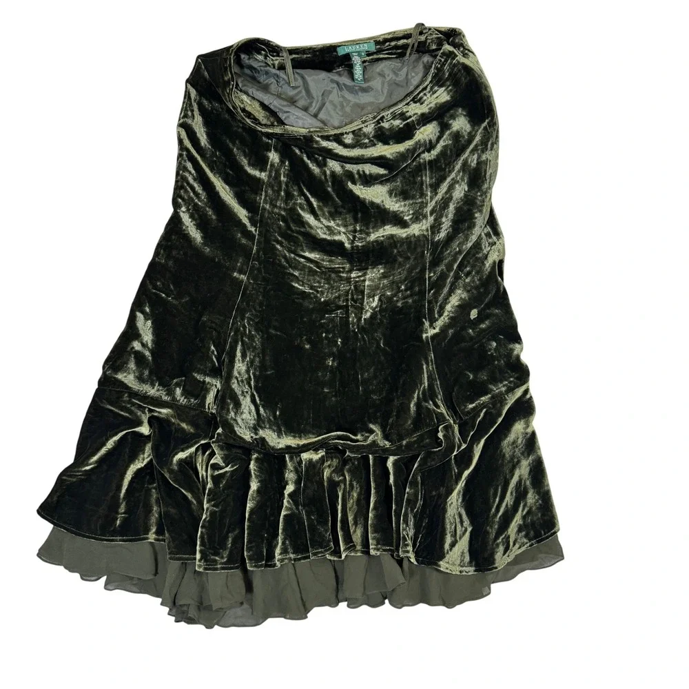 Lauren Ralph Lauren Olive Green Silk Blend Velvet Ruffle Hem Midi Skirt Size 12